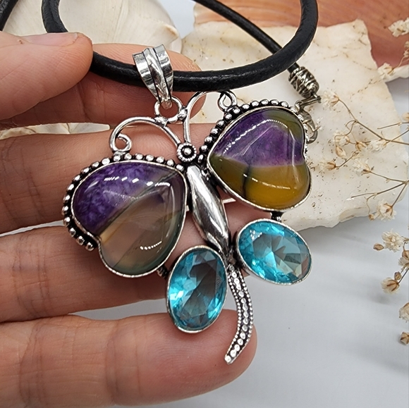 Genuine Agate Stone/Blue Quartz Silver Pendant Leather - Picture 2 of 7